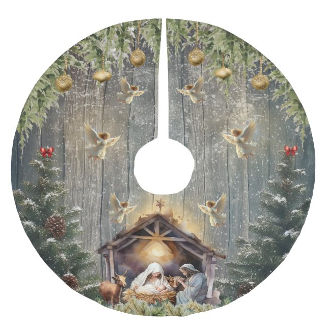Jupon De Sapin En Polyester Brossé Angelic Radiant Nativity Scene Christmas  (Devant)