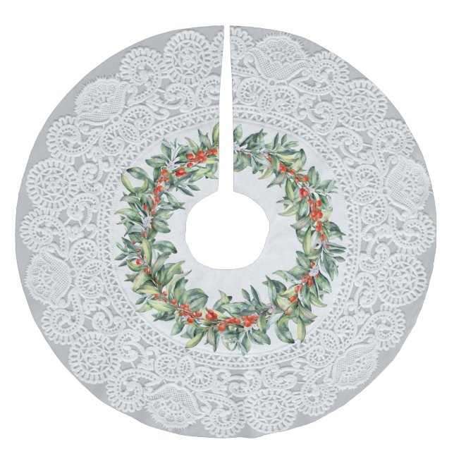 Jupon De Sapin En Polyester Brossé Apparence "dentelle" unique avec couronne de baies (Devant)