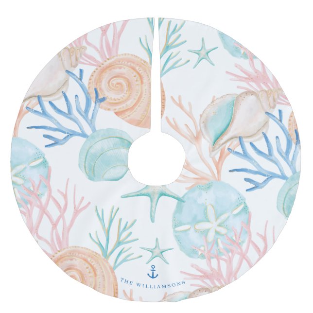 Jupon De Sapin En Polyester Brossé Aquarelle de Noël côtier Motif de coquillage (Devant)