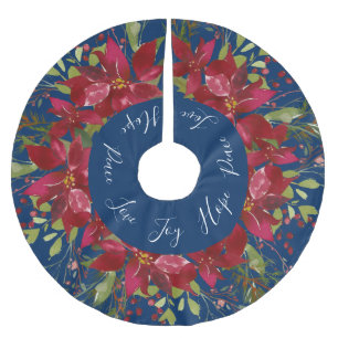 Jupon De Sapin En Polyester Brossé Aquarelle de Poinsettia Floral Marine Bleu