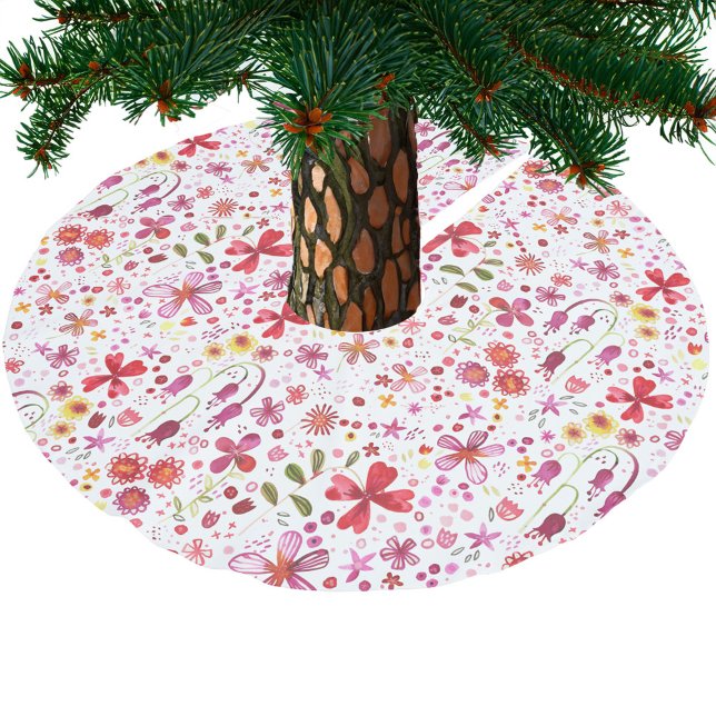 Jupon De Sapin En Polyester Brossé Aquarelle florale moderne (Modern watercolor floral red and white tree skirt)
