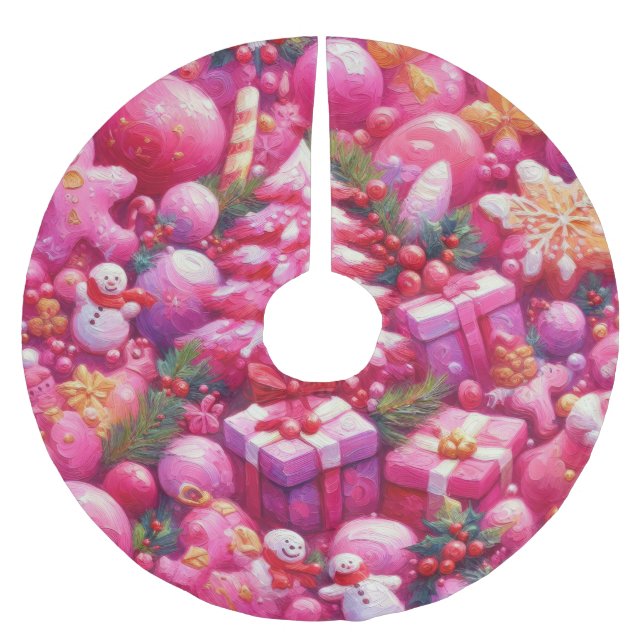 Jupon De Sapin En Polyester Brossé Aquarelle Hot rose Modes de Noël (Devant)