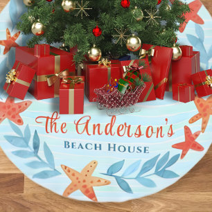 Jupon De Sapin En Polyester Brossé Aquarelle Ocean Wave Star Poisson Noël côtier