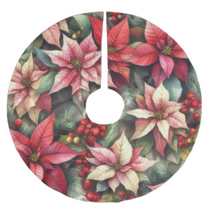 Jupon De Sapin En Polyester Brossé Aquarelle rose et rouge Poinsettia