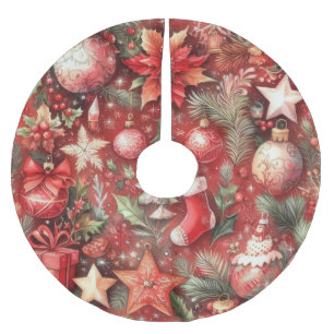 Jupon De Sapin En Polyester Brossé Aquarelle Rouge Motifs de Noël Oiseaux de vacances