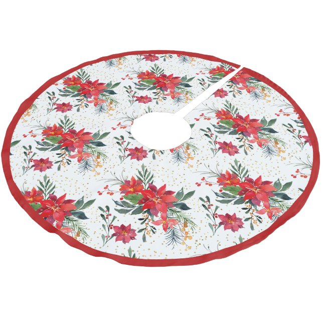 Jupon De Sapin En Polyester Brossé Aquarelle Rouge Poinsettia Bouquet Noël (Angle)