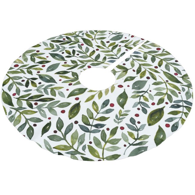 Jupon De Sapin En Polyester Brossé Aquarelle verte branches saisonnières et baies (Angle)