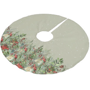 Jupon De Sapin En Polyester Brossé Aquarelle verte de Noël Poinsettia rose goutte