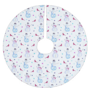 Jupon De Sapin En Polyester Brossé Aquarelle Whimsical Snowmen and Cardinal Birds
