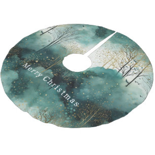 Jupon De Sapin En Polyester Brossé Arbres verts en or avec oiseaux Noël