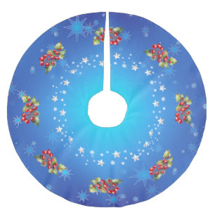 Jupon De Sapin En Polyester Brossé Baies Rouges Bleu Glacé & Étoiles Noël