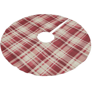 Jupon De Sapin En Polyester Brossé Bandes Plaid Crème Rouge