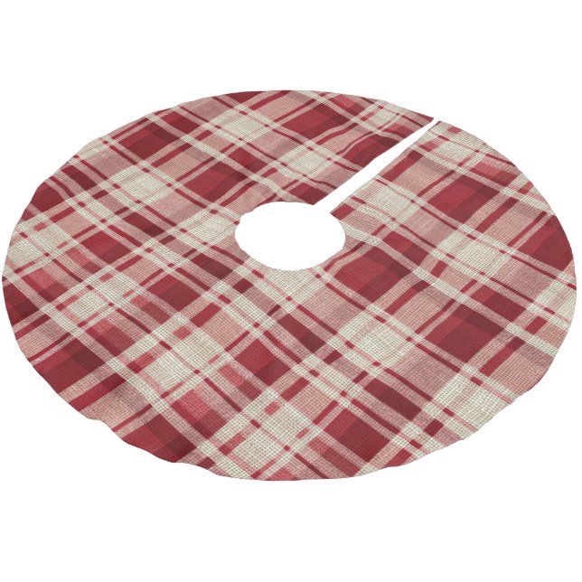 Jupon De Sapin En Polyester Brossé Bandes Plaid Crème Rouge (Angle)