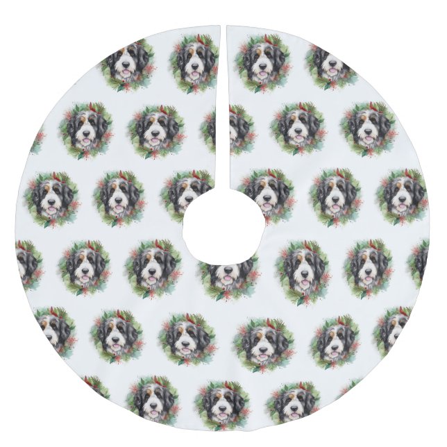 Jupon De Sapin En Polyester Brossé Bernedoodle Christmas Wreath Festive Pup (Devant)