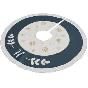 Jupon De Sapin En Polyester Brossé Bleu avec flocons de neige dorés et monogramme