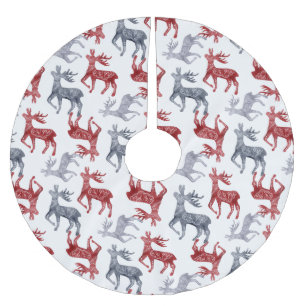 Jupon De Sapin En Polyester Brossé Bleu rouge Nordic Motif Reindeer Noël