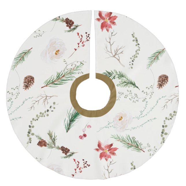 Jupon De Sapin En Polyester Brossé Boho Elegant Noël Verdure Poinsettia Rustique (Devant)
