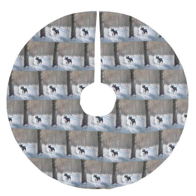 Jupon De Sapin En Polyester Brossé Boston Terrier Laisser neiger Noël (Devant)