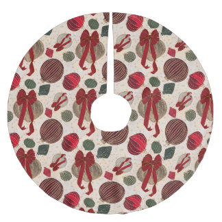 Jupon De Sapin En Polyester Brossé Boules de Noël vintage et rubans rouges sur fond c