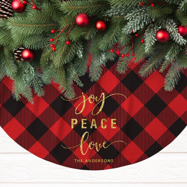 Jupon De Sapin En Polyester Brossé Buffalo Plaid Joy Peace Love Christmas (Créateur téléchargé)