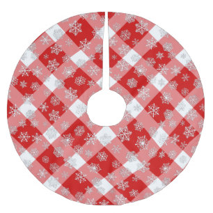 Jupon De Sapin En Polyester Brossé Buffle rouge et blanc planté avec des flocons de n