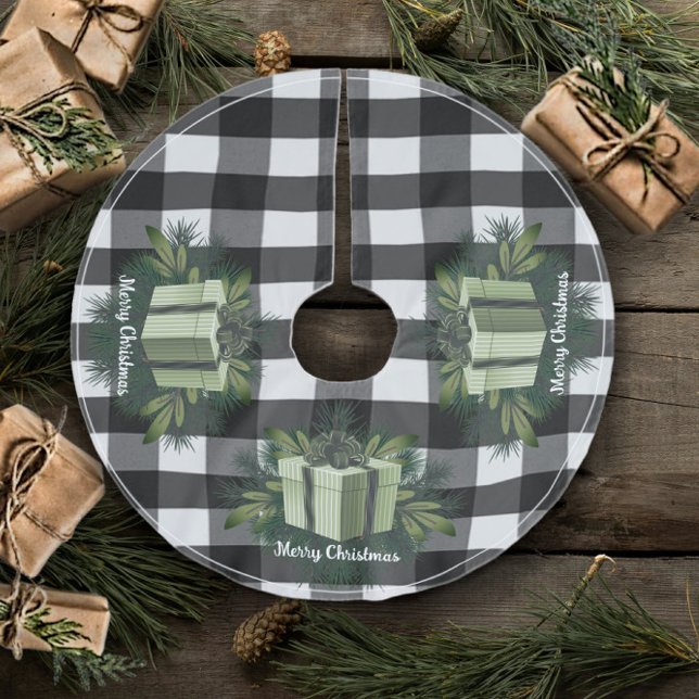 Jupon De Sapin En Polyester Brossé Cadeau de Noël Plaid Buffalo | Vert (Green Buffalo Plaid Christmas Gift Tree Skirt)