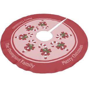Jupon De Sapin En Polyester Brossé Canne de Noël rouge avec nom de famille personnali
