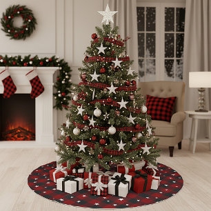 Jupon De Sapin En Polyester Brossé Carreaux rouges et noirs avec des étoiles
