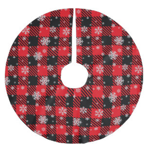 Jupon De Sapin En Polyester Brossé Carreaux traditionnels rouges et noirs avec flocon