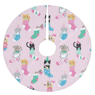 Jupon De Sapin En Polyester Brossé Cartographie Chats Noël Motif sans couture