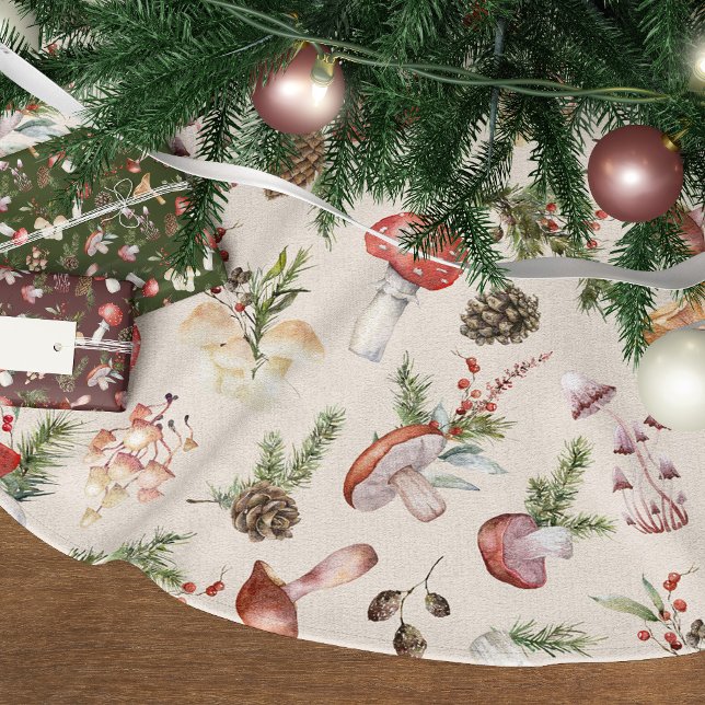 Jupon De Sapin En Polyester Brossé Champignons de Noël rustiques en bois (Créateur téléchargé)