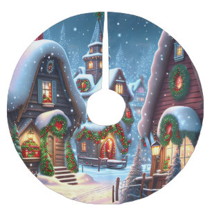 Jupon De Sapin En Polyester Brossé Charmant village de Noël enneigé