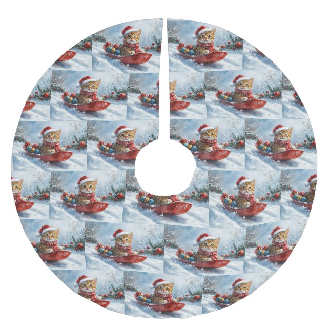 Jupon De Sapin En Polyester Brossé Chat abyssin en traîneau Laissez neige Noël (Devant)