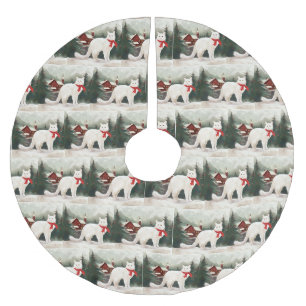 Jupon De Sapin En Polyester Brossé Chat angora turc à Noël sous la neige