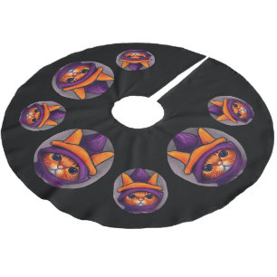 Jupon De Sapin En Polyester Brossé Chat orange avec sorcière violette Casquette Hallo