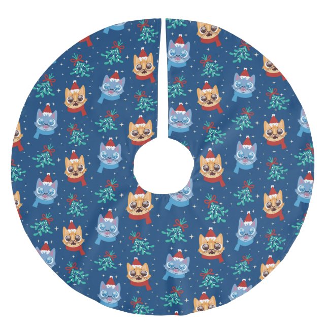 Jupon De Sapin En Polyester Brossé Chats de Noël mignons (Devant)