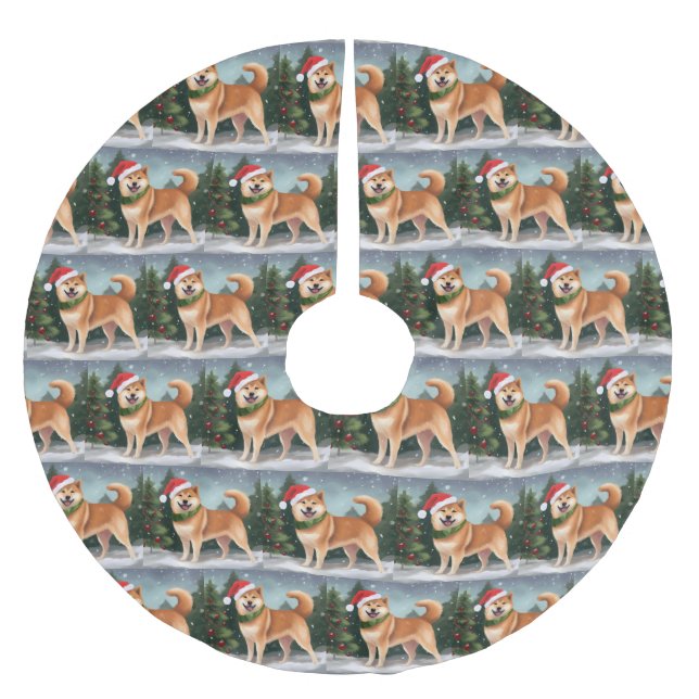 Jupon De Sapin En Polyester Brossé Chien de Shiba Inu à Noël de neige (Devant)