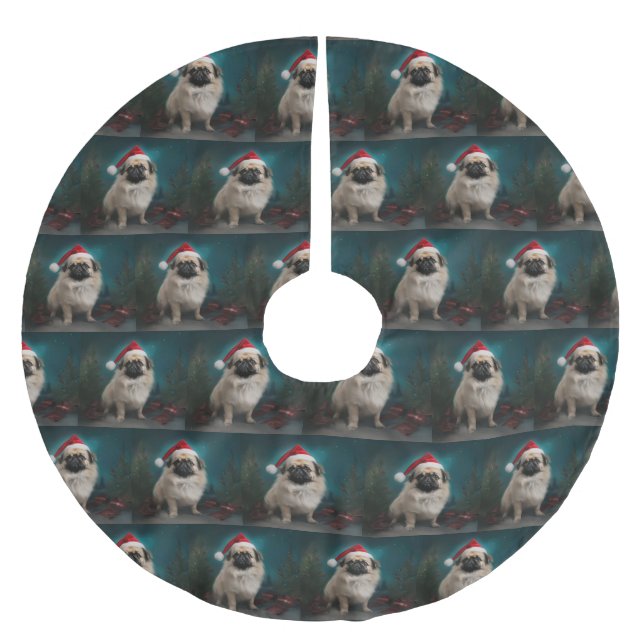 Jupon De Sapin En Polyester Brossé Chien pekingese pendant Noël de neige (Devant)