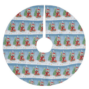 Jupon De Sapin En Polyester Brossé Chien-taureau anglais en neige avec Jeu de cadeaux