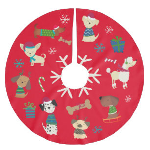 Jupon De Sapin En Polyester Brossé Chiens de Noël mignons Snowflakes Motif Red