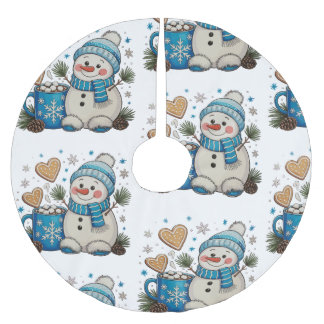 Jupon De Sapin En Polyester Brossé Christmas Blue Snowman Winter Hot Cocoa Pinecones
