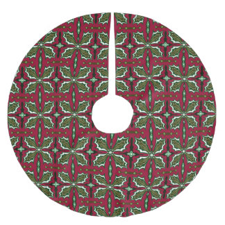 Jupon De Sapin En Polyester Brossé Christmas Holly Leaves Red and Green