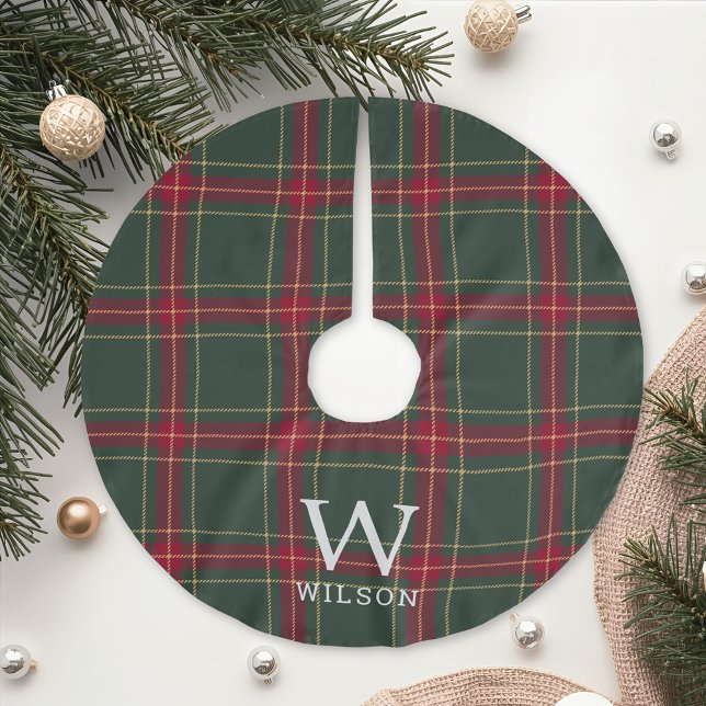 Jupon De Sapin En Polyester Brossé Classic Christmas Tartan Plaid Monogram (Créateur téléchargé)
