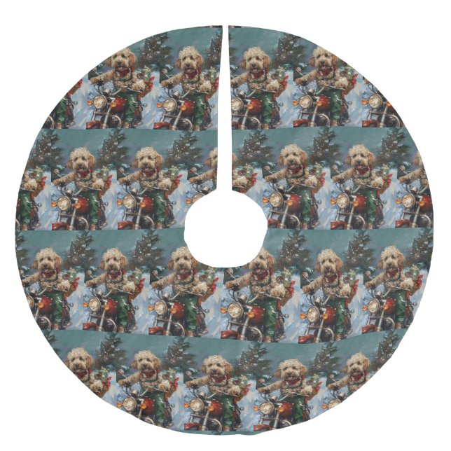 Jupon De Sapin En Polyester Brossé Cockapoo Chien chevauchant la moto Noël (Devant)