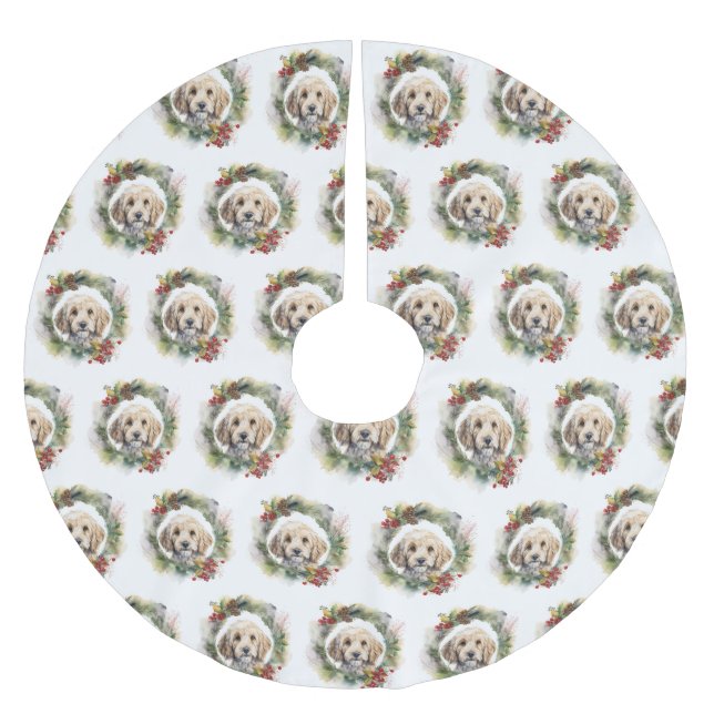 Jupon De Sapin En Polyester Brossé Cockapoo Christmas Wreath Festive Pup (Devant)