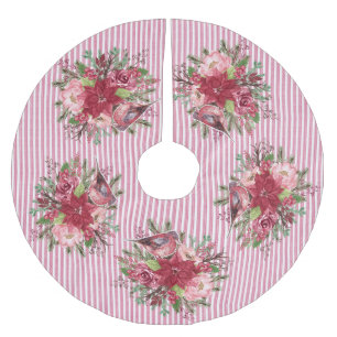 Jupon De Sapin En Polyester Brossé Cranberry Floral Ticking Stritia Poinsettia Floral