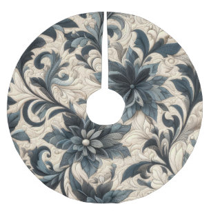 Jupon De Sapin En Polyester Brossé Crème courbée et conception florale bleu marine