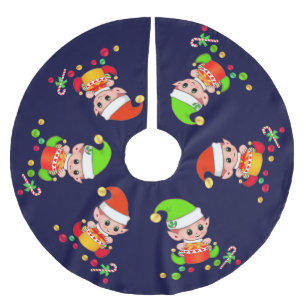 Jupon De Sapin En Polyester Brossé Cute Christmas Elves sur fond bleu marine