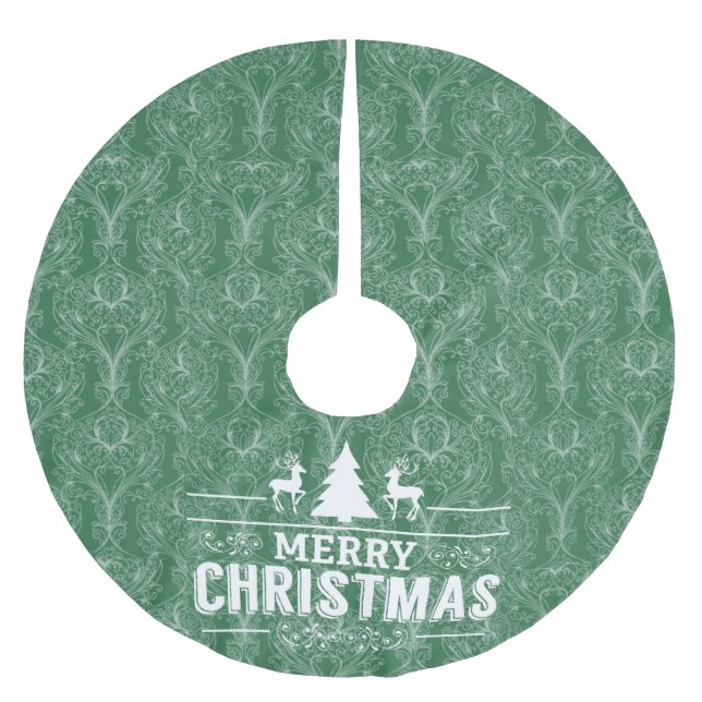 Jupon De Sapin En Polyester Brossé Damas vert figuier. Joyeux 🎄 de Noël (Devant)