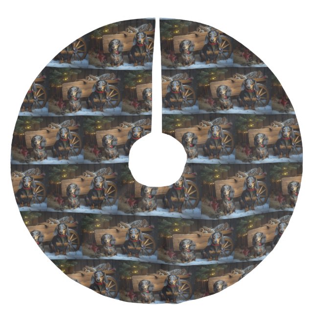 Jupon De Sapin En Polyester Brossé Décor de Noël Dachshund Snowy Sleigh (Devant)